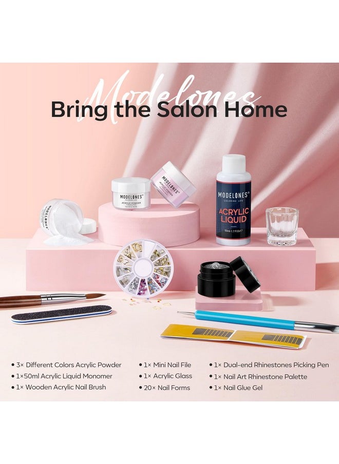 modelones modelones Acrylic Nail Kit - Clear/White/Pink Acrylic Powder and Liquid Set with Rhinestone Glue, Acrylic Nail Brush, Unified Combo Starter Kit for Acrylic Nail Extension Beginner  - Image 2