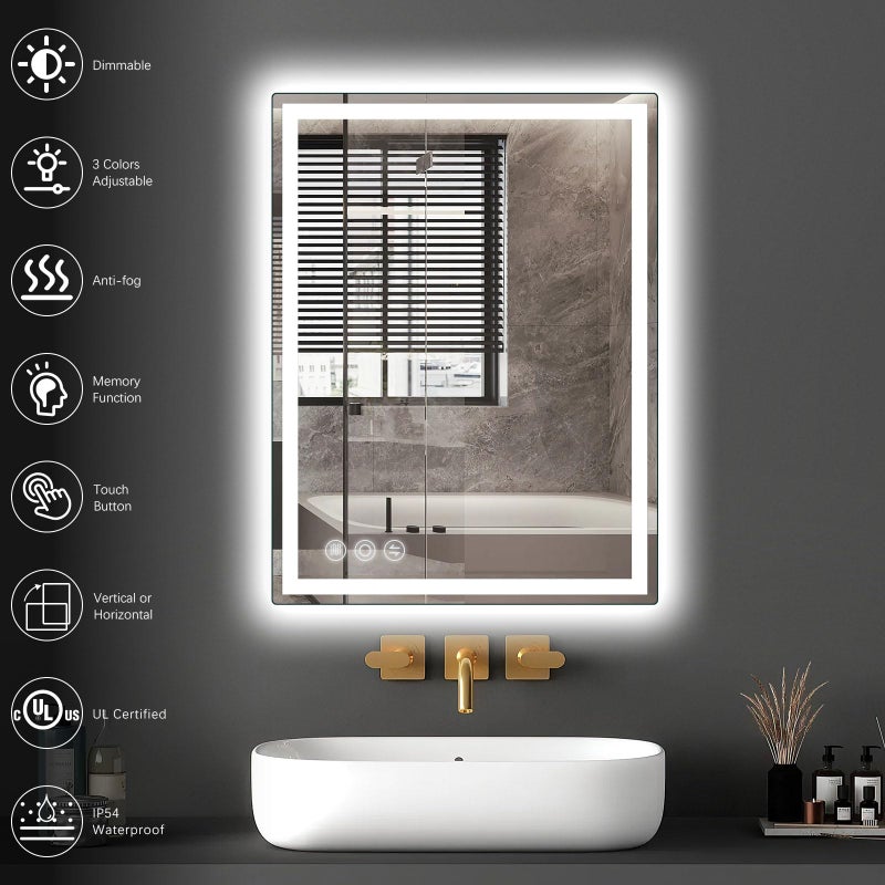 Memobarco LED Mirror for Bathroom 20"x 28" with Frontlit and Backlit, Anti-Fog Mirror with Lights, Stepless 3 Colors Temperature & Dimmable Bathroom Mirror, Memory Tempered Glass Mirror for Bathroom - Image 3