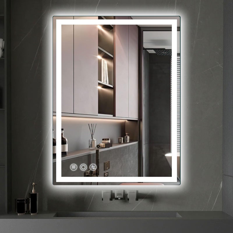 Memobarco LED Mirror for Bathroom 20"x 28" with Frontlit and Backlit, Anti-Fog Mirror with Lights, Stepless 3 Colors Temperature & Dimmable Bathroom Mirror, Memory Tempered Glass Mirror for Bathroom - Image 1