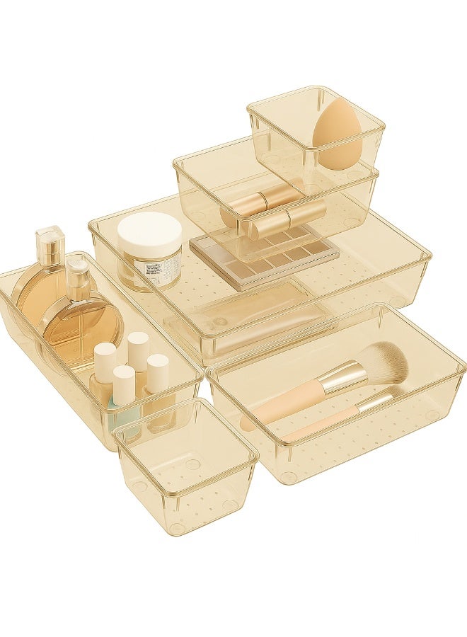 مجموعة منظم أدراج بلاستيكية شفافة بنية اللون مستوردة مكونة من 7 قطع، 4 أدراج مكتب لتنظيم المكياج وأدوات المائدة وإكسسوارات المكتب - Image 1