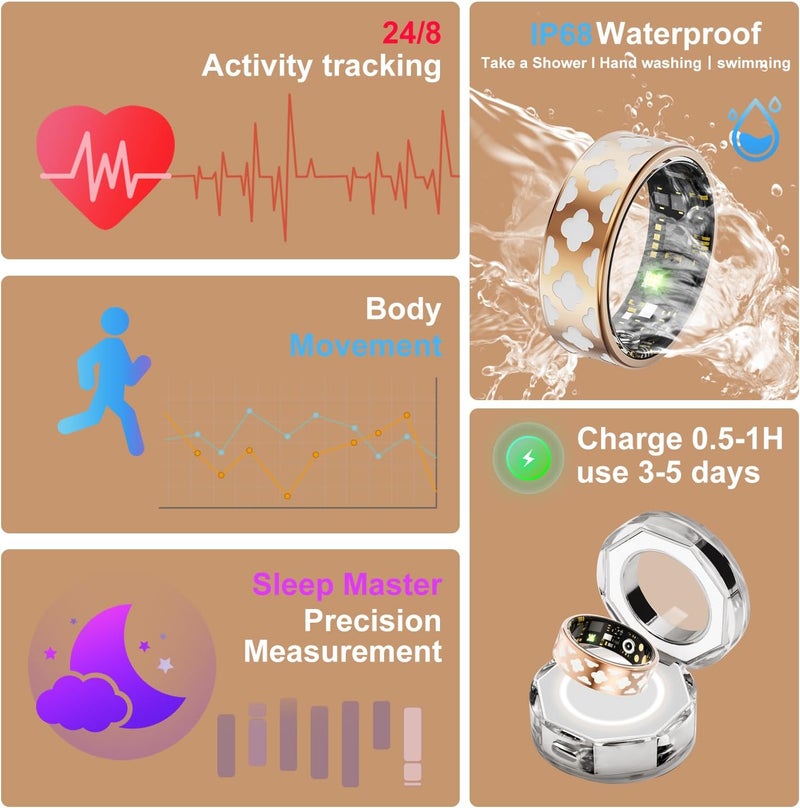 Smart Ring Health Tracker,Diamond Pattern Ring,Blood Oxygen,Health Rings for Women & Men, Long Lasting Batteries Sleep Ring, IP68 Waterproof Fitness Sleep Tracker (12) - Image 2