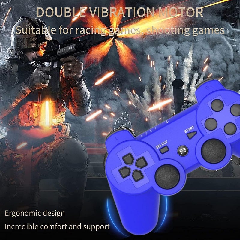 Rzzhgzq Wireless Controllers Replacement For PS-3 Controller 2 Pack Compatible with Playstation 3 Console Double Shock Motion Control Upgraded Joystick with Charging Cord ((BLUE+RED)) - Image 5