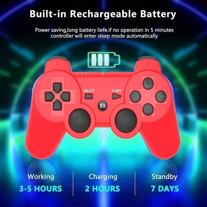 Rzzhgzq Wireless Controllers Replacement For PS-3 Controller 2 Pack Compatible with Playstation 3 Console Double Shock Motion Control Upgraded Joystick with Charging Cord ((BLUE+RED)) - Image 4