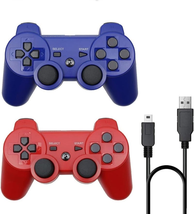 Rzzhgzq Wireless Controllers Replacement For PS-3 Controller 2 Pack Compatible with Playstation 3 Console Double Shock Motion Control Upgraded Joystick with Charging Cord ((BLUE+RED)) - Image 1