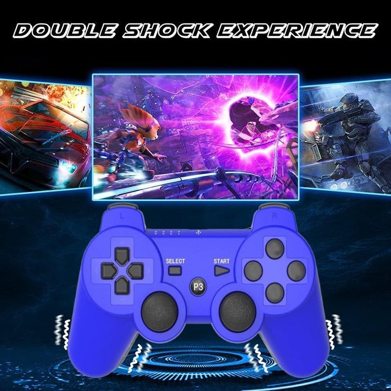 Rzzhgzq Wireless Controllers Replacement For PS-3 Controller 2 Pack Compatible with Playstation 3 Console Double Shock Motion Control Upgraded Joystick with Charging Cord ((BLUE+RED)) - Image 3