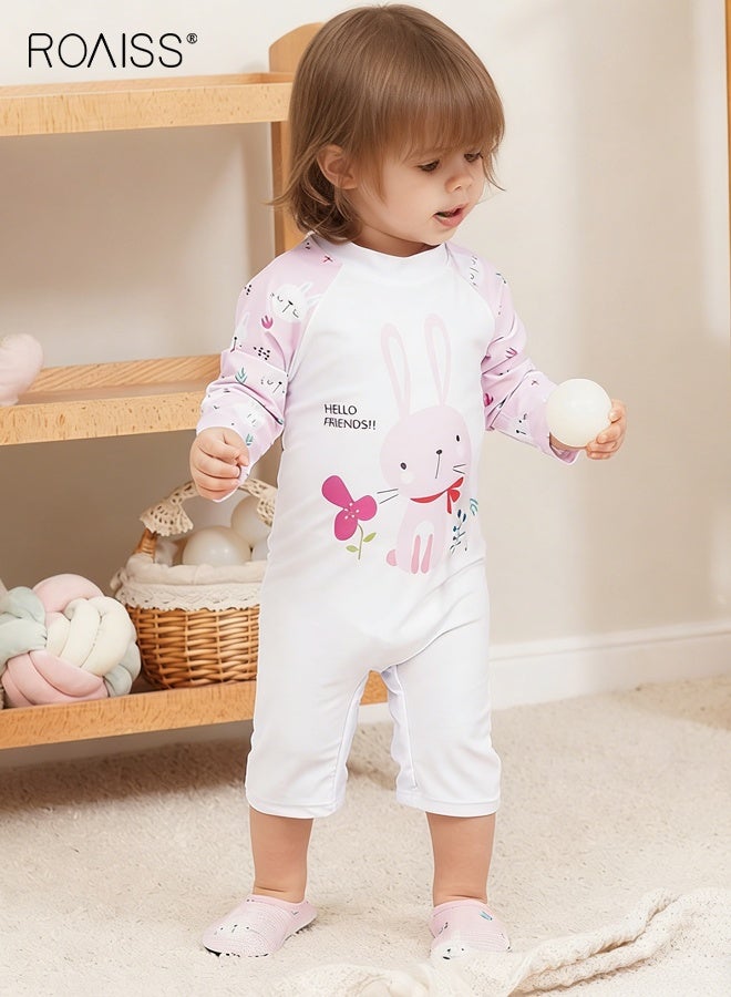 رويس ملابس سباحة من قطعة واحدة للفتيات بنقشة كرتونية، ملابس سباحة بأكمام طويلة وسحاب خلفي، ملابس سباحة ملائمة للبشرة ومقاومة لأشعة الشمس للفتيات الصغيرات، مناسبة للسباحة والشاطئ وركوب الأمواج (بدون قبعة) - Image 1