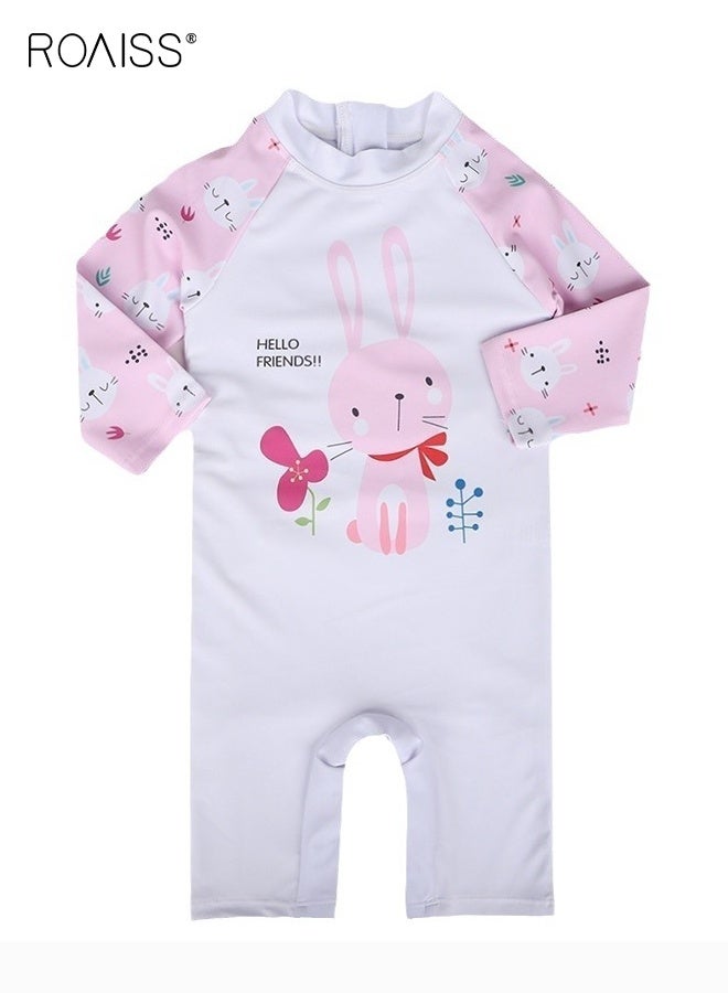 رويس ملابس سباحة من قطعة واحدة للفتيات بنقشة كرتونية، ملابس سباحة بأكمام طويلة وسحاب خلفي، ملابس سباحة ملائمة للبشرة ومقاومة لأشعة الشمس للفتيات الصغيرات، مناسبة للسباحة والشاطئ وركوب الأمواج (بدون قبعة) - Image 2