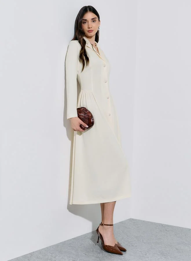 Styli Cream Solid Pleated Details Shirt Midi Dress