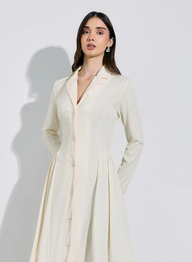 Styli Cream Solid Pleated Details Shirt Midi Dress