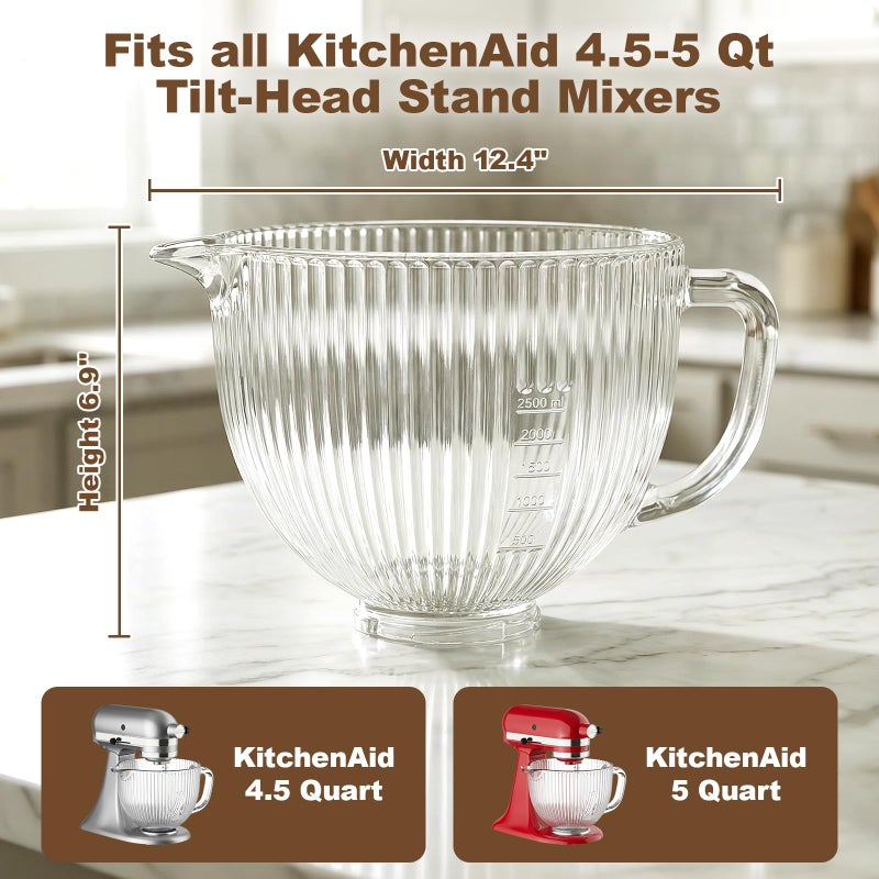 HOZODO Glass Mixer Bowl for KitchenAid 4.5 and 5 Quart Tilt-Head Stand Mixers, 5 qt Mixing Bowl for Kitchen Aid With Measurement Markings & Handle - Image 3