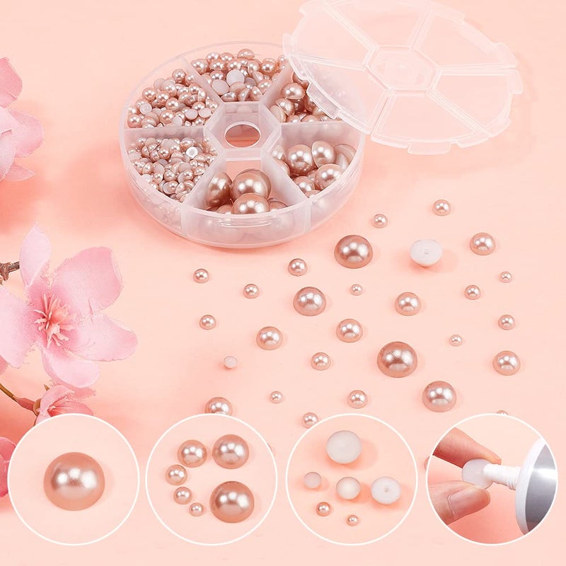 PH PandaHall 690pcs 6 Sizes Flat Back Half Round Pearl Cabochon Diameter 4mm 5mm 6mm 8mm 10mm 12mm for Nail Craft DIY Scrapbook Decoration Makeup, Tan - Image 2