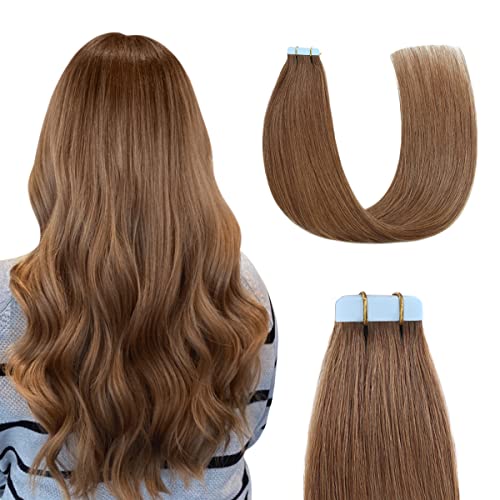 Sunya Hair Extensions Tape in Human Hair 18 inches Silky Straight Remy Human Hair Seamless Skin Weft Tape in Hair Extensions 18 inches 6 Chestnut Brown 50 Gram 20PcsPack Soft Hair