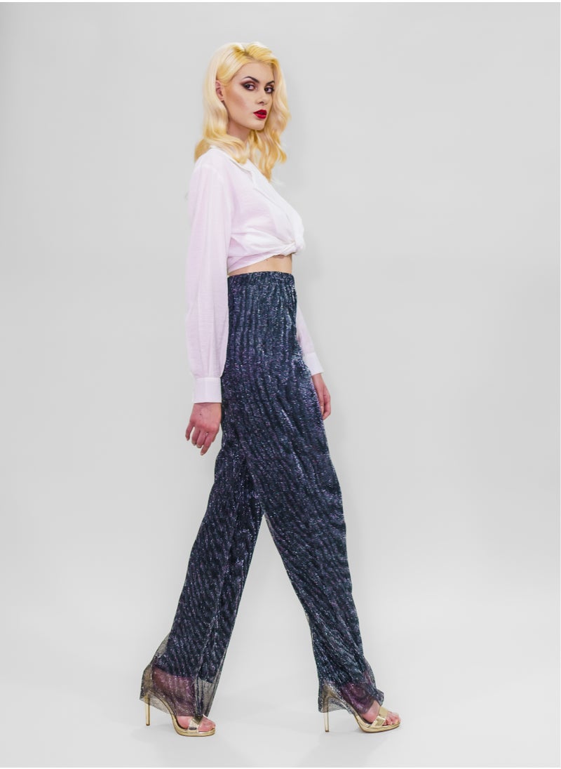 BITOLIA GALLERY Comfortable Long Lurex Shiny Pants Aqua with Stripes  - Image 4