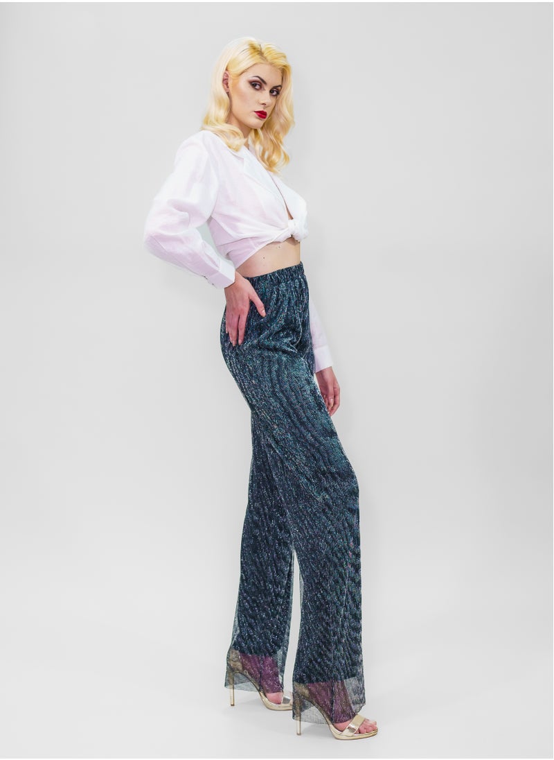 BITOLIA GALLERY Comfortable Long Lurex Shiny Pants Aqua with Stripes  - Image 3