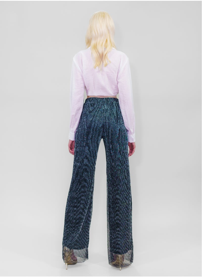 BITOLIA GALLERY Comfortable Long Lurex Shiny Pants Aqua with Stripes  - Image 2