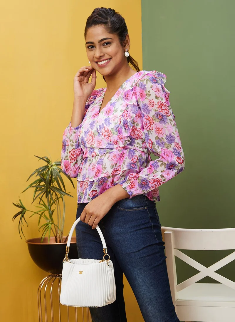 globus Globus Women Pink Floral Printed V-Neck Puff Sleeve Ruffled Georgette Wrap Top