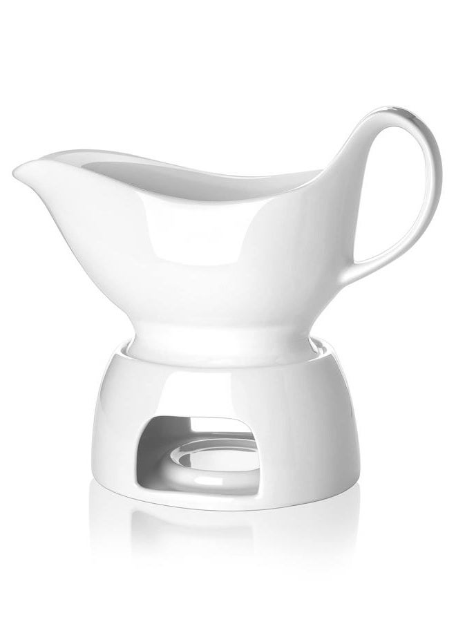 Nucookery Large Classic 17 Oz Gravy Boat with Warmer, White Fine Porcelain Saucier with Big Dripless Lip Spout, Bowl for Thanksgiving, Warming Sauces, Salad Dressings, Milk, Microwave & Freezer Safe - Image 1