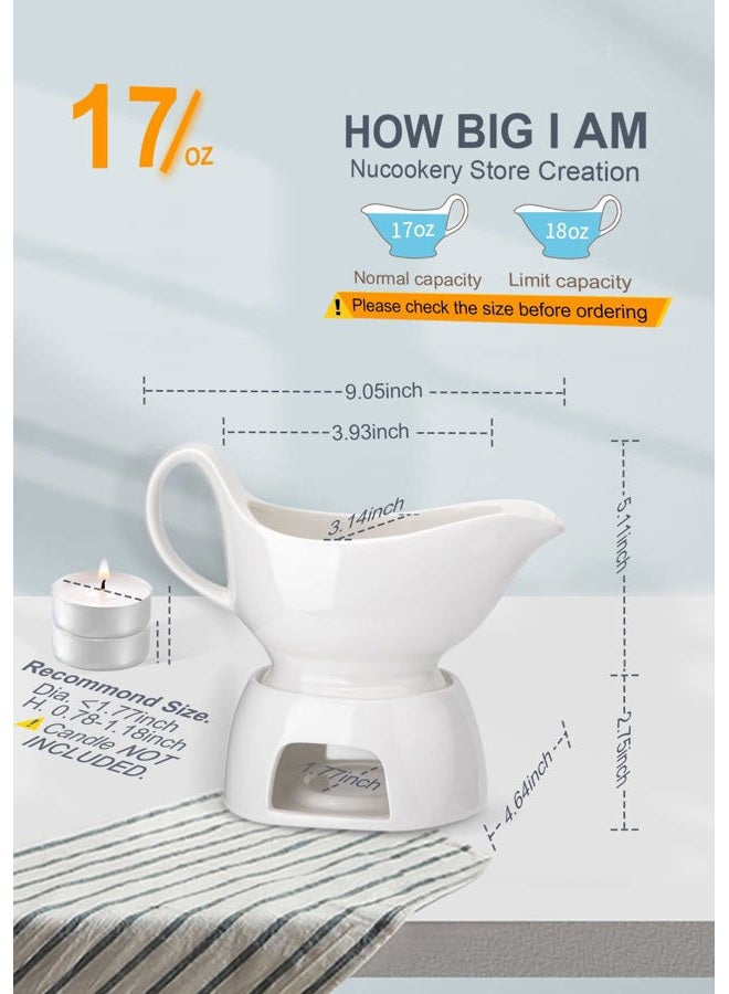 Nucookery Large Classic 17 Oz Gravy Boat with Warmer, White Fine Porcelain Saucier with Big Dripless Lip Spout, Bowl for Thanksgiving, Warming Sauces, Salad Dressings, Milk, Microwave & Freezer Safe - Image 2