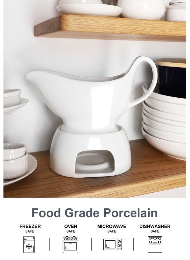 Nucookery Large Classic 17 Oz Gravy Boat with Warmer, White Fine Porcelain Saucier with Big Dripless Lip Spout, Bowl for Thanksgiving, Warming Sauces, Salad Dressings, Milk, Microwave & Freezer Safe - Image 4