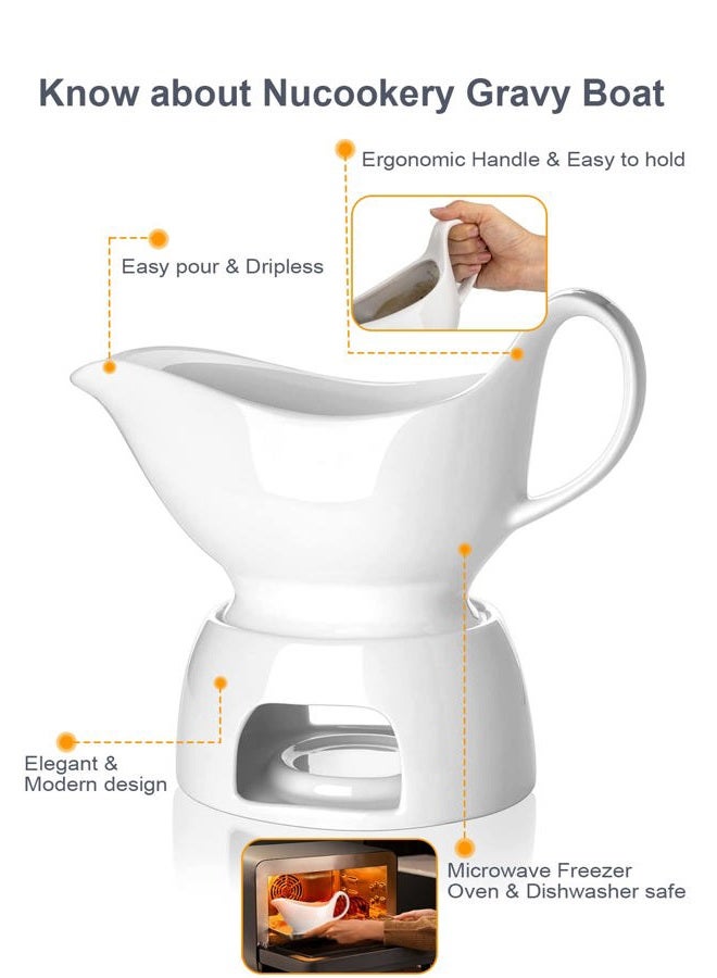 Nucookery Large Classic 17 Oz Gravy Boat with Warmer, White Fine Porcelain Saucier with Big Dripless Lip Spout, Bowl for Thanksgiving, Warming Sauces, Salad Dressings, Milk, Microwave & Freezer Safe - Image 3