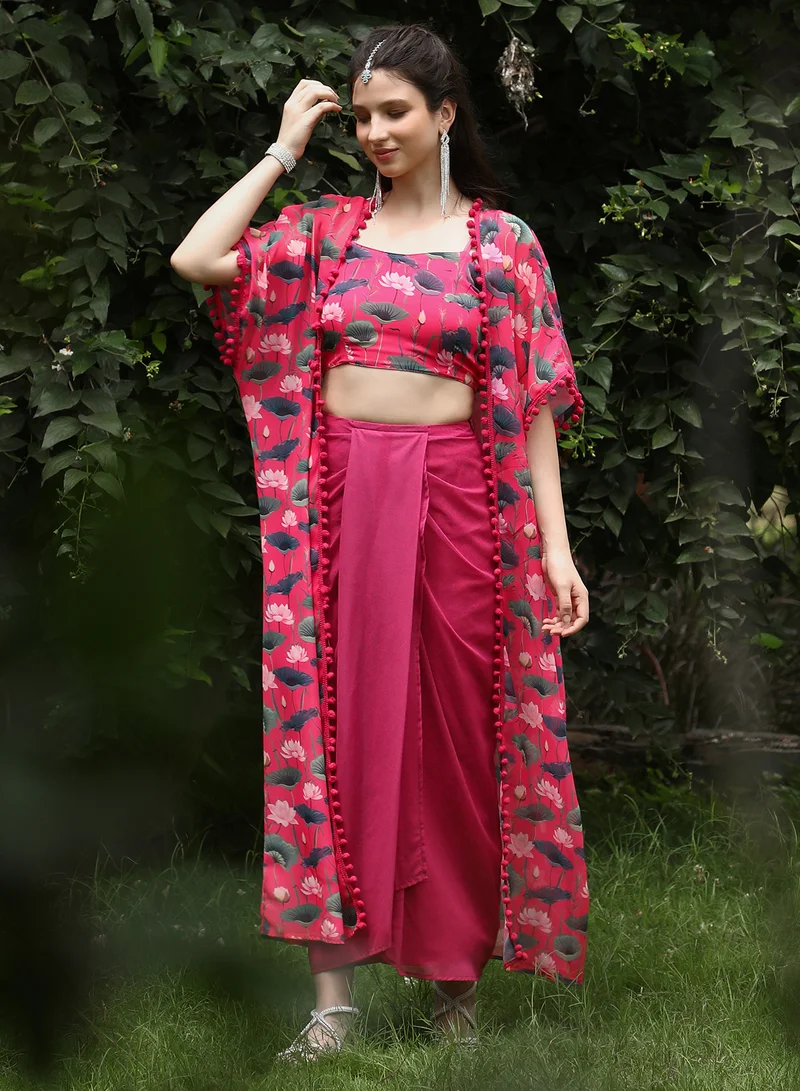 QISSA Women's Raspberry Pink Flora-Imprint Draped Co-Ord Set For Ethnic Wear | Spagetti Straps, Quarter Kimono Sleeves | Floral Print Plain Fabric | 3 Piece Co-Ords Designed For Evening & Party Wear