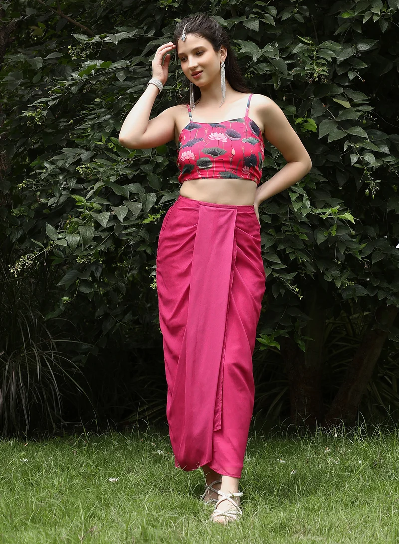 QISSA Women's Raspberry Pink Flora-Imprint Draped Co-Ord Set For Ethnic Wear | Spagetti Straps, Quarter Kimono Sleeves | Floral Print Plain Fabric | 3 Piece Co-Ords Designed For Evening & Party Wear