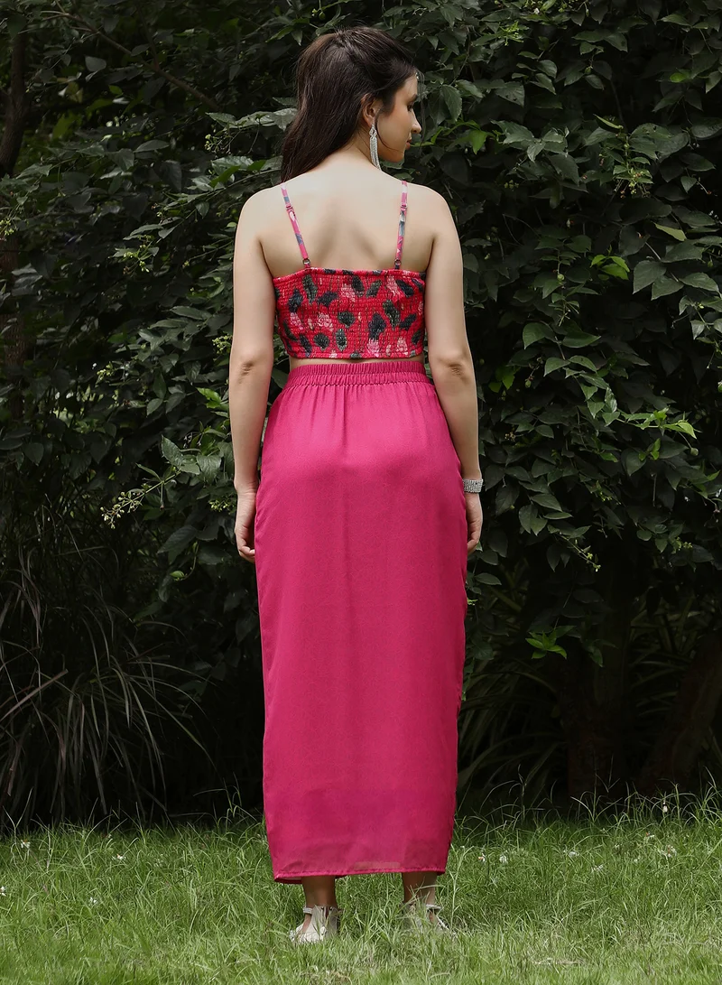 QISSA Women's Raspberry Pink Flora-Imprint Draped Co-Ord Set For Ethnic Wear | Spagetti Straps, Quarter Kimono Sleeves | Floral Print Plain Fabric | 3 Piece Co-Ords Designed For Evening & Party Wear