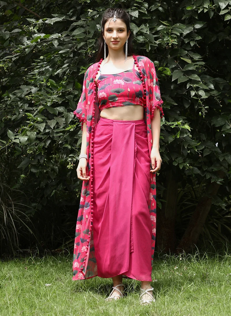 QISSA Women's Raspberry Pink Flora-Imprint Draped Co-Ord Set For Ethnic Wear | Spagetti Straps, Quarter Kimono Sleeves | Floral Print Plain Fabric | 3 Piece Co-Ords Designed For Evening & Party Wear