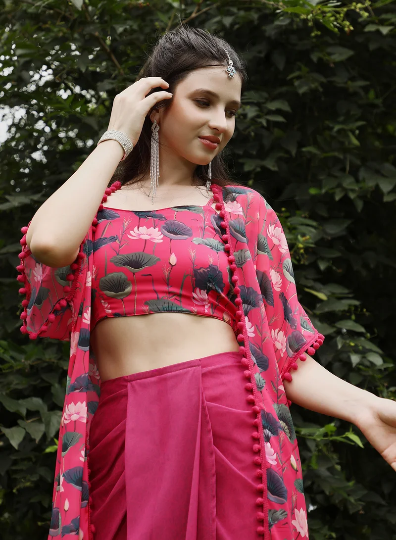 QISSA Women's Raspberry Pink Flora-Imprint Draped Co-Ord Set For Ethnic Wear | Spagetti Straps, Quarter Kimono Sleeves | Floral Print Plain Fabric | 3 Piece Co-Ords Designed For Evening & Party Wear