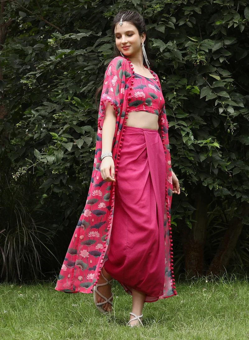 QISSA Women's Raspberry Pink Flora-Imprint Draped Co-Ord Set For Ethnic Wear | Spagetti Straps, Quarter Kimono Sleeves | Floral Print Plain Fabric | 3 Piece Co-Ords Designed For Evening & Party Wear