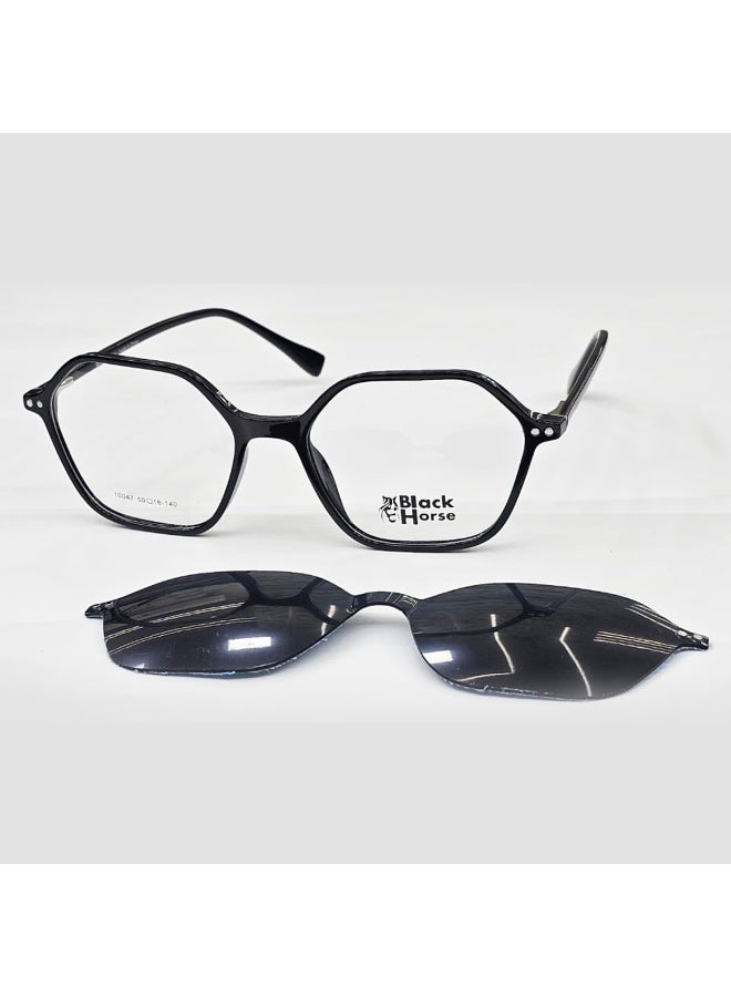 Men’s eyeglasses made of lightweight and durable TR material, offering excellent comfort for daily use. The acetate temples come with spring hinges for added flexibility and a secure, comfortable fit. Includes a flat Polarized Clip-On lens that attaches instantly, transforming the frame into stylish sunglasses with reduced glare and enhanced outdoor visibility.  A practical and modern choice for work, driving, and everyday wear.