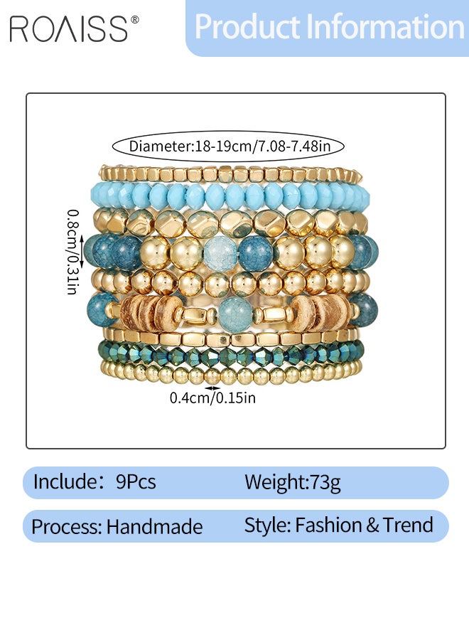 roaiss 9 Pcs Bohemian Blue Beaded Bracelet Set, Women's Multi-color Elastic Stacking Bangles, Suitable for Ladies Vacation, Beach and Daily Wear - Image 2
