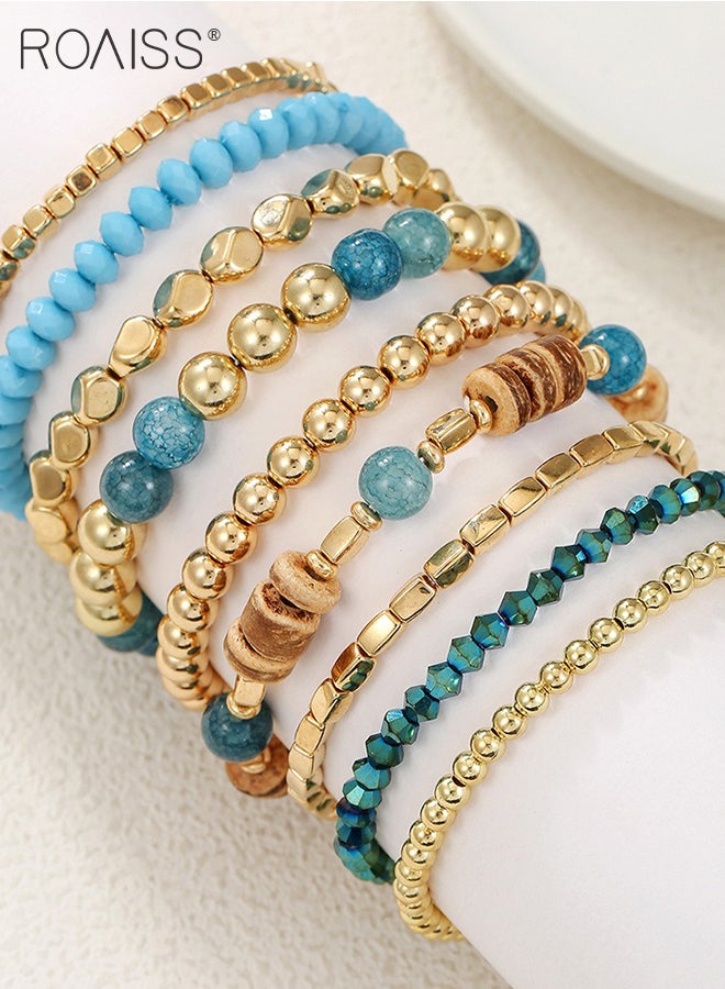 roaiss 9 Pcs Bohemian Blue Beaded Bracelet Set, Women's Multi-color Elastic Stacking Bangles, Suitable for Ladies Vacation, Beach and Daily Wear - Image 3