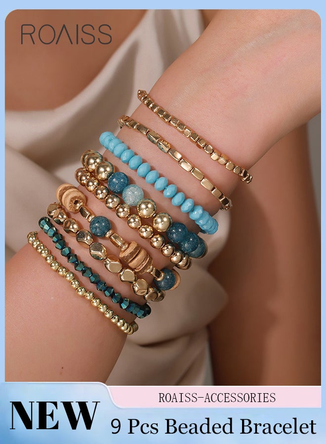 roaiss 9 Pcs Bohemian Blue Beaded Bracelet Set, Women's Multi-color Elastic Stacking Bangles, Suitable for Ladies Vacation, Beach and Daily Wear - Image 1