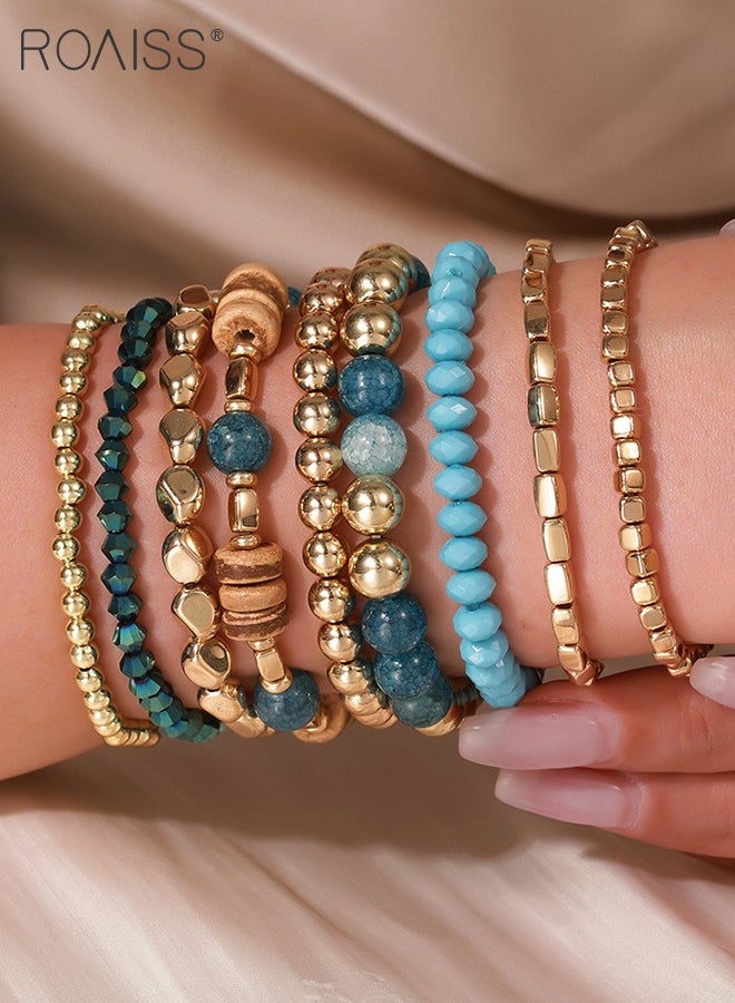roaiss 9 Pcs Bohemian Blue Beaded Bracelet Set, Women's Multi-color Elastic Stacking Bangles, Suitable for Ladies Vacation, Beach and Daily Wear - Image 5