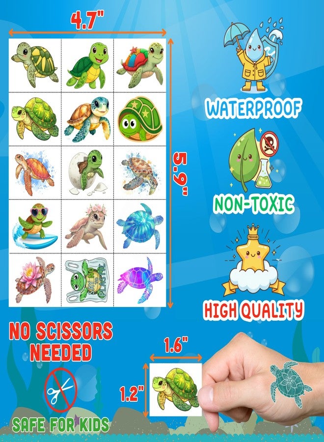 Backtopeia Turtle Temporary Tattoos | Under The Sea Theme Turtle Birthday Party Decorations Party Favors Supplies Accessories Stickers Ocean Theme Gift Idea For Kids Boy Girl Teen Adult 60Pcs 4 Sheets Pre-cut - Image 4