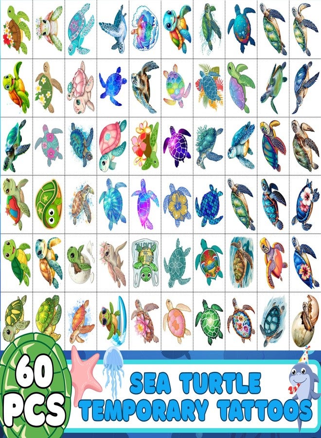 Backtopeia Turtle Temporary Tattoos | Under The Sea Theme Turtle Birthday Party Decorations Party Favors Supplies Accessories Stickers Ocean Theme Gift Idea For Kids Boy Girl Teen Adult 60Pcs 4 Sheets Pre-cut - Image 2