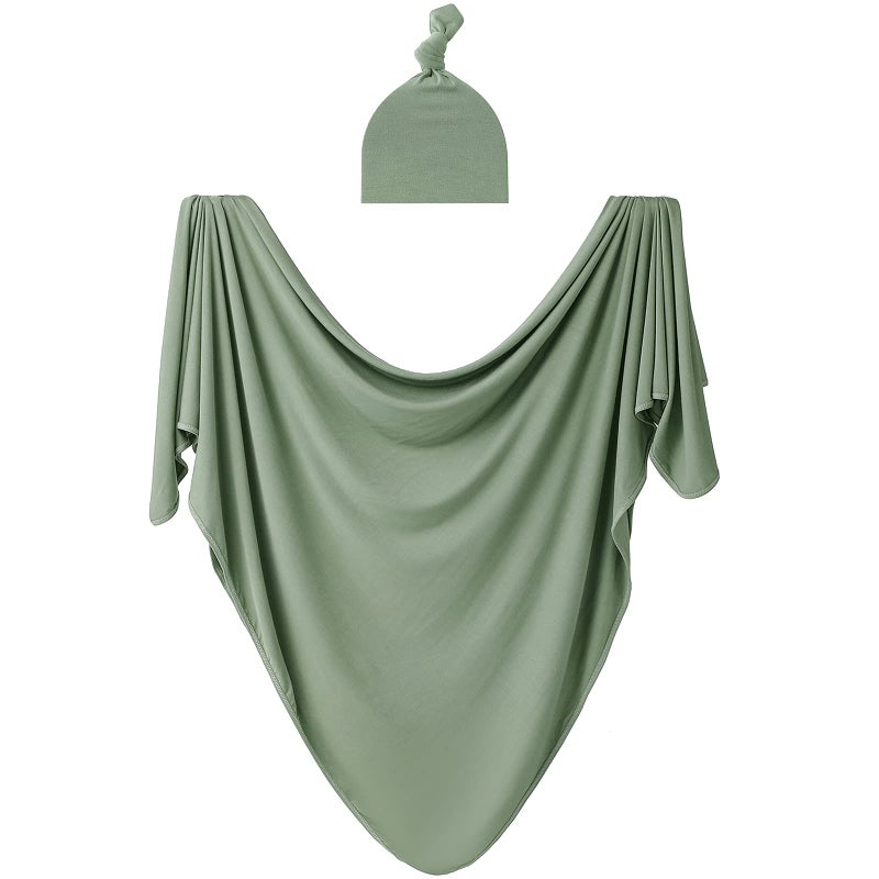 Bayceen Large Rayon Jersey Knitted Swaddle Blanket for Baby Soft Stretchy Receiving Blanket for Newborns with Hat Large 47 x 47 inches Sage