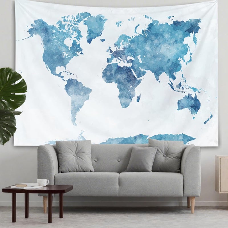 Capsceoll World Map Tapestry  Blue Map Tapestry Large Wall Tapestries World Tapestries Map Outline Wall Hanging For Dorm Decor 80X60 Inches Blue White - Image 2
