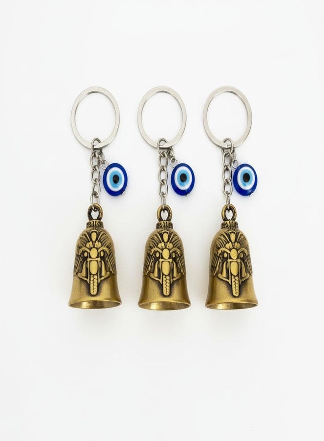 AEROSTARK Pack of 3 Gold Bike Guardian Bell for Bike with Evil Eye Keychain | Motorcycle Ride Safe Lucky Charm | Antique Metal Safety Bell Key Ring for Bike Car Scooter | Biker Gift for Men Women - Image 1