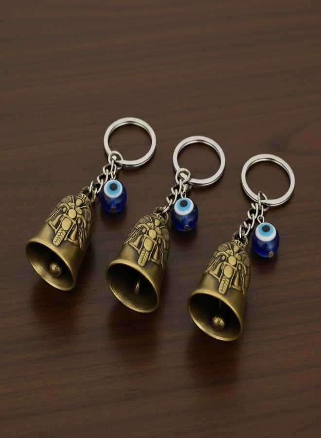 AEROSTARK Pack of 3 Gold Bike Guardian Bell for Bike with Evil Eye Keychain | Motorcycle Ride Safe Lucky Charm | Antique Metal Safety Bell Key Ring for Bike Car Scooter | Biker Gift for Men Women - Image 2
