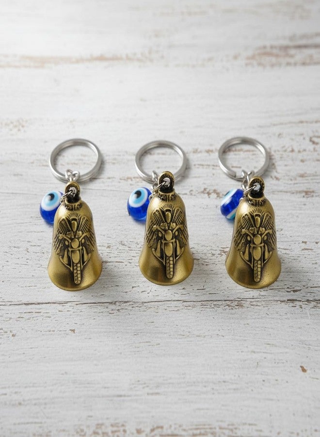 AEROSTARK Pack of 3 Gold Bike Guardian Bell for Bike with Evil Eye Keychain | Motorcycle Ride Safe Lucky Charm | Antique Metal Safety Bell Key Ring for Bike Car Scooter | Biker Gift for Men Women - Image 5