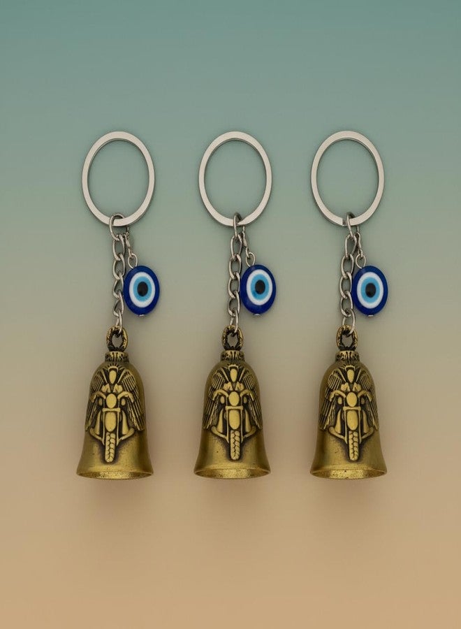 AEROSTARK Pack of 3 Gold Bike Guardian Bell for Bike with Evil Eye Keychain | Motorcycle Ride Safe Lucky Charm | Antique Metal Safety Bell Key Ring for Bike Car Scooter | Biker Gift for Men Women - Image 3