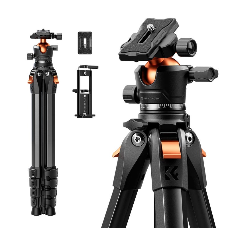 K&F Concept حامل كاميرا سفر من الألمنيوم K&F CONCEPT بطول 63 بوصة مع رأس كروي متوافق مع Arca، حامل خفيف الوزن ومحمول يزن 2.6 رطل، أقصى حمولة 22 رطل لكاميرات DSLR وكاميرات بدون مرآة ومناظير iPhone وTeleprompter. - Image 1
