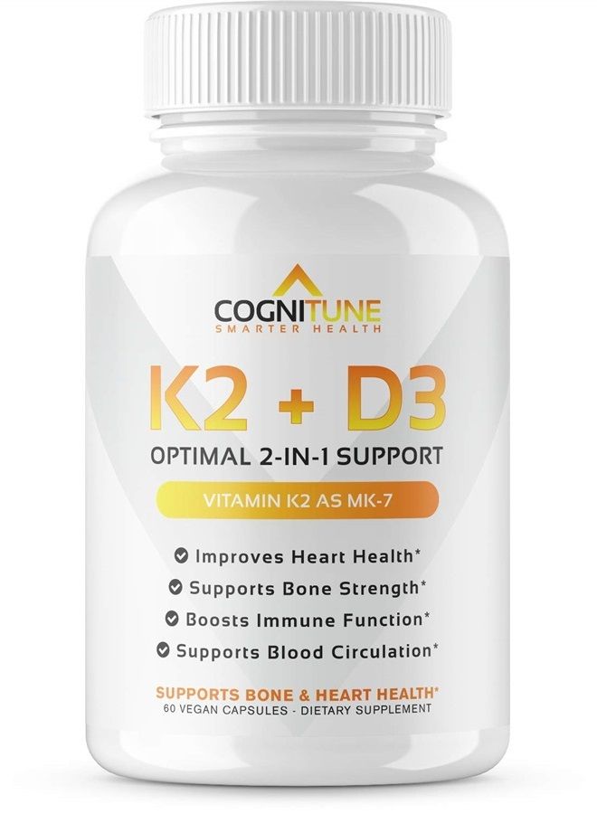 CogniTune Vitamin D3 5000 IU with Vitamin K2 (MK7) Supplement - Premium Immune, Heart & Bone Health Capsules - Vitamin K2 D3 Complex with 5000 IU of Vitamin D3 & 90 mcg of Vitamin K2 mk7-60 Count - Image 1