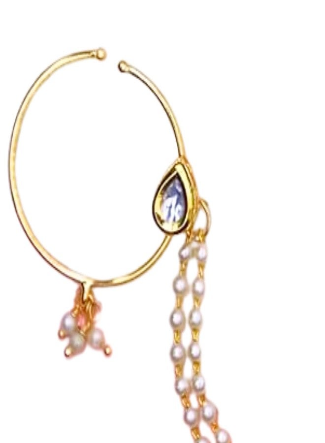JWELLA Gold Plated Traditional Ethnic Bridal Nose Ring/Nath without piercing with Pearl Chain Encased with Pearl Stone - Image 4