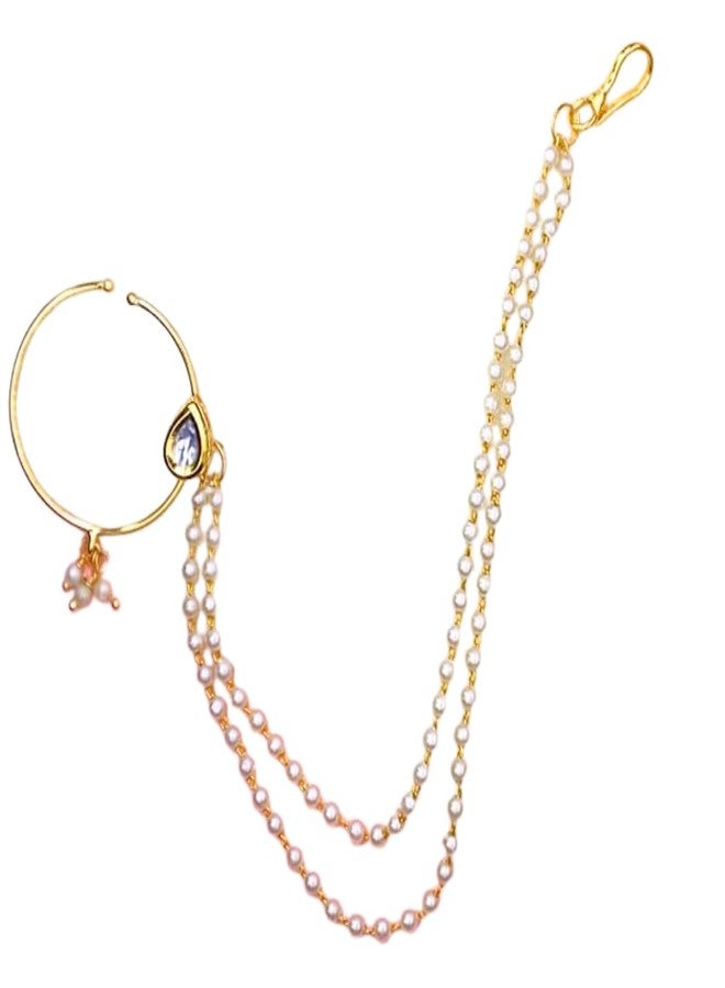 JWELLA Gold Plated Traditional Ethnic Bridal Nose Ring/Nath without piercing with Pearl Chain Encased with Pearl Stone - Image 1