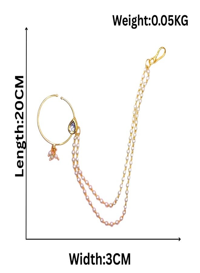 JWELLA Gold Plated Traditional Ethnic Bridal Nose Ring/Nath without piercing with Pearl Chain Encased with Pearl Stone - Image 5