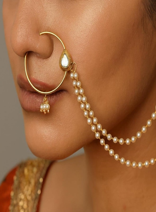JWELLA Gold Plated Traditional Ethnic Bridal Nose Ring/Nath without piercing with Pearl Chain Encased with Pearl Stone - Image 3
