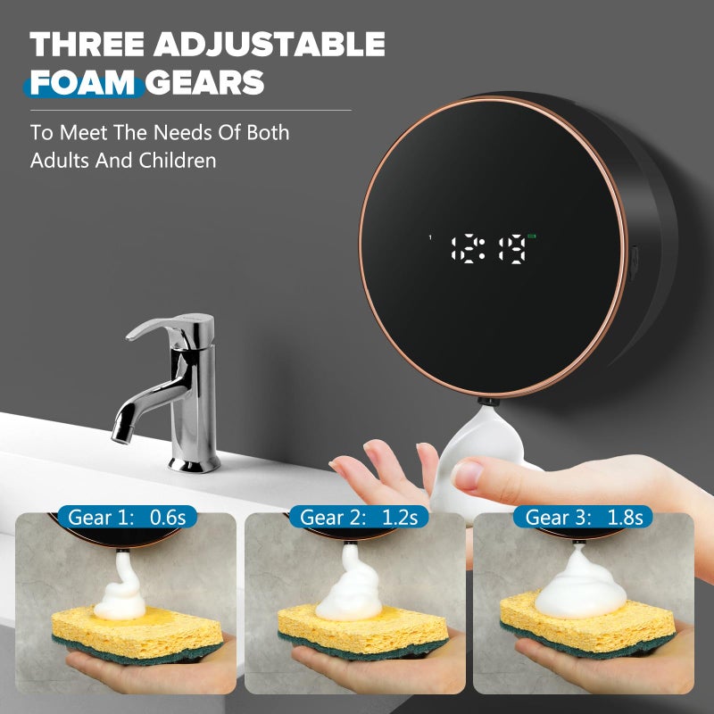 Monstake Automatic Soap Dispenser Foam Bathroom: Wall Mount Rechargeable Touchless Adjustable Auto Smart Electric Plastic Black Foaming Soap Dispenser with Clock - Kitchen - Hand Dish Lotion Couple Kids - Image 4